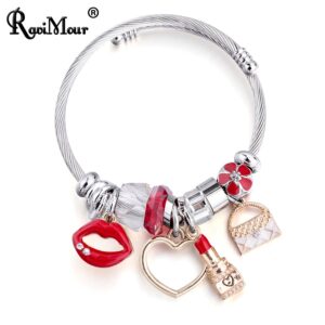 Charm Women Bracelet Silver Color Chain Red Lips Big Heart Crystal Bead Female Cuff Bracelets & Bangles Jewelry Valentine's Gift