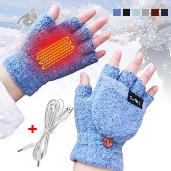 USB Electric Heated Gloves 2-Side Heating Convertible Fingerless Glove Knitted Mittens Adjustable Heat Waterproof Cycling Skiing