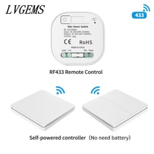 Wireless Remote Control No Battery RF433Mhz Self-Powered Waterproof Light Switch 16A AC 85V-240V 60HZ/50HZ